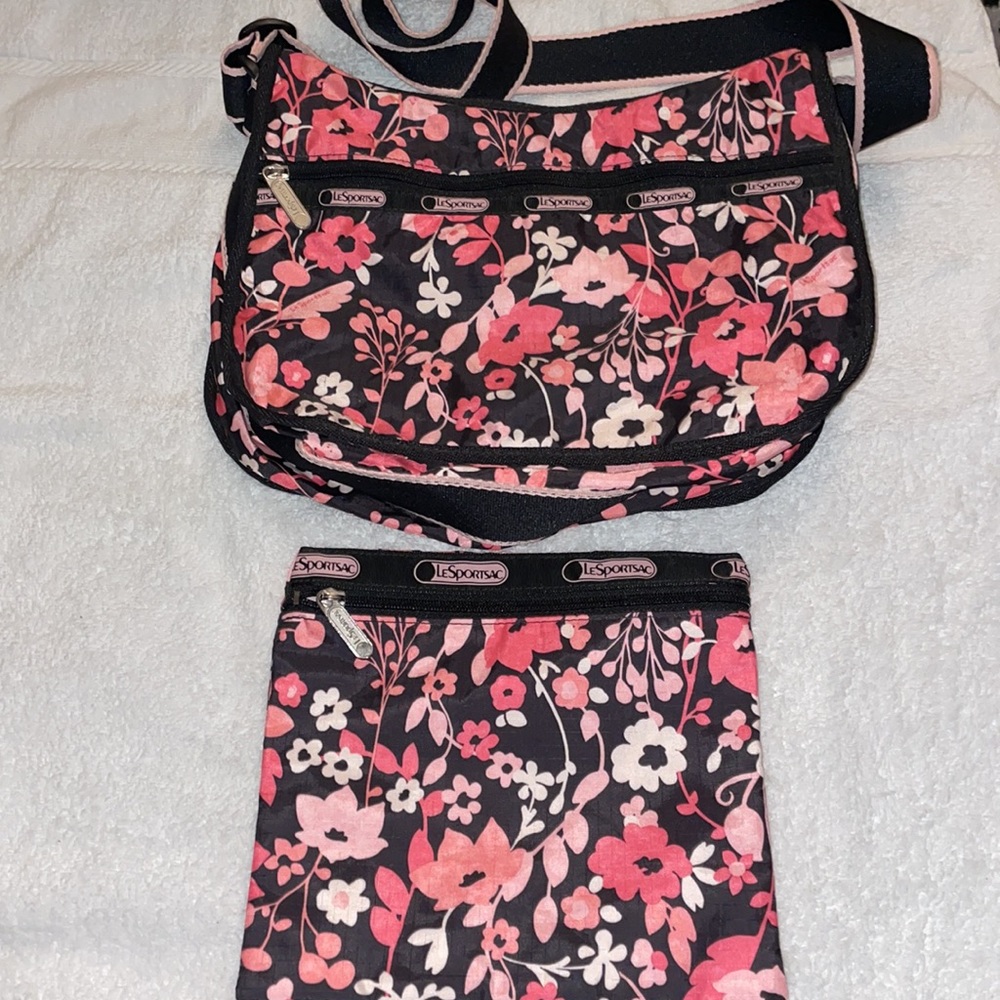 LeSportsac Pink Floral Crossbody & Cosmetic Bag